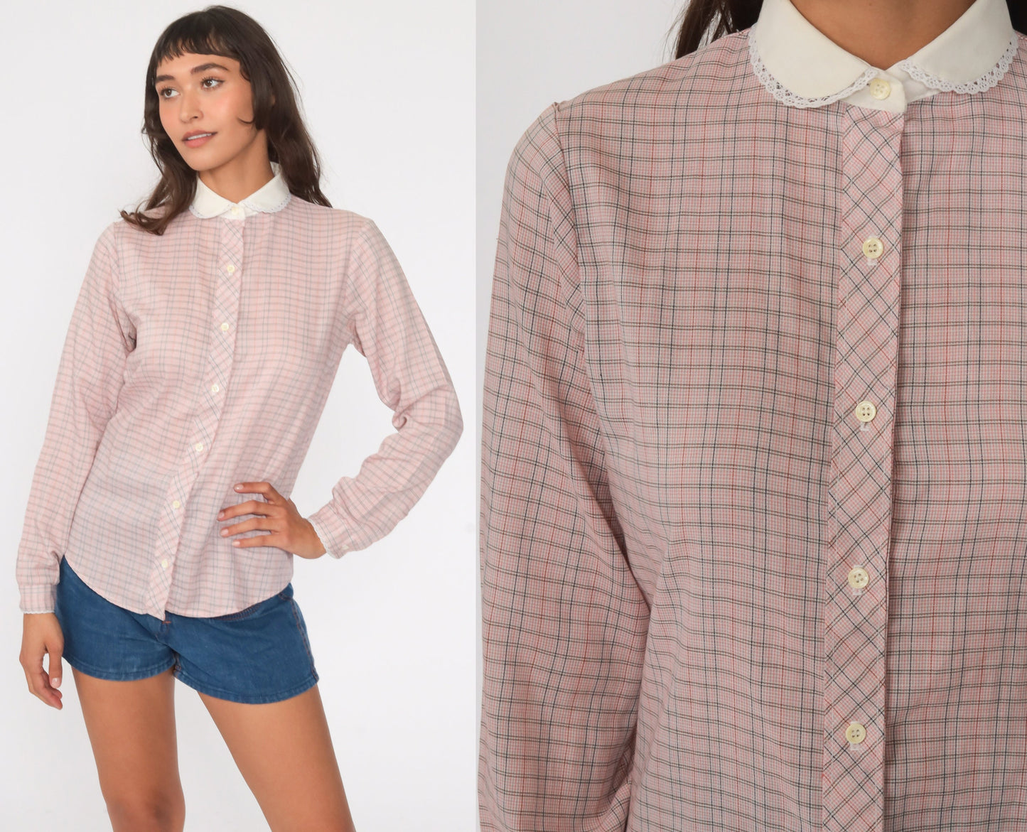 80s Pink Blue Plaid Button-Down Blouse Peter Pan Collar Long Sleeve Small