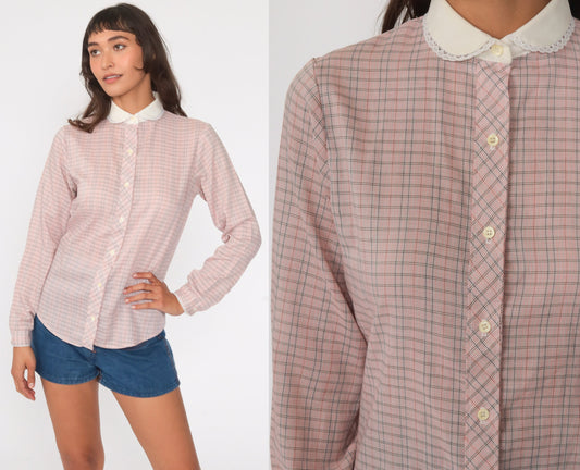 80s Pink Blue Plaid Button-Down Blouse Peter Pan Collar Long Sleeve Small