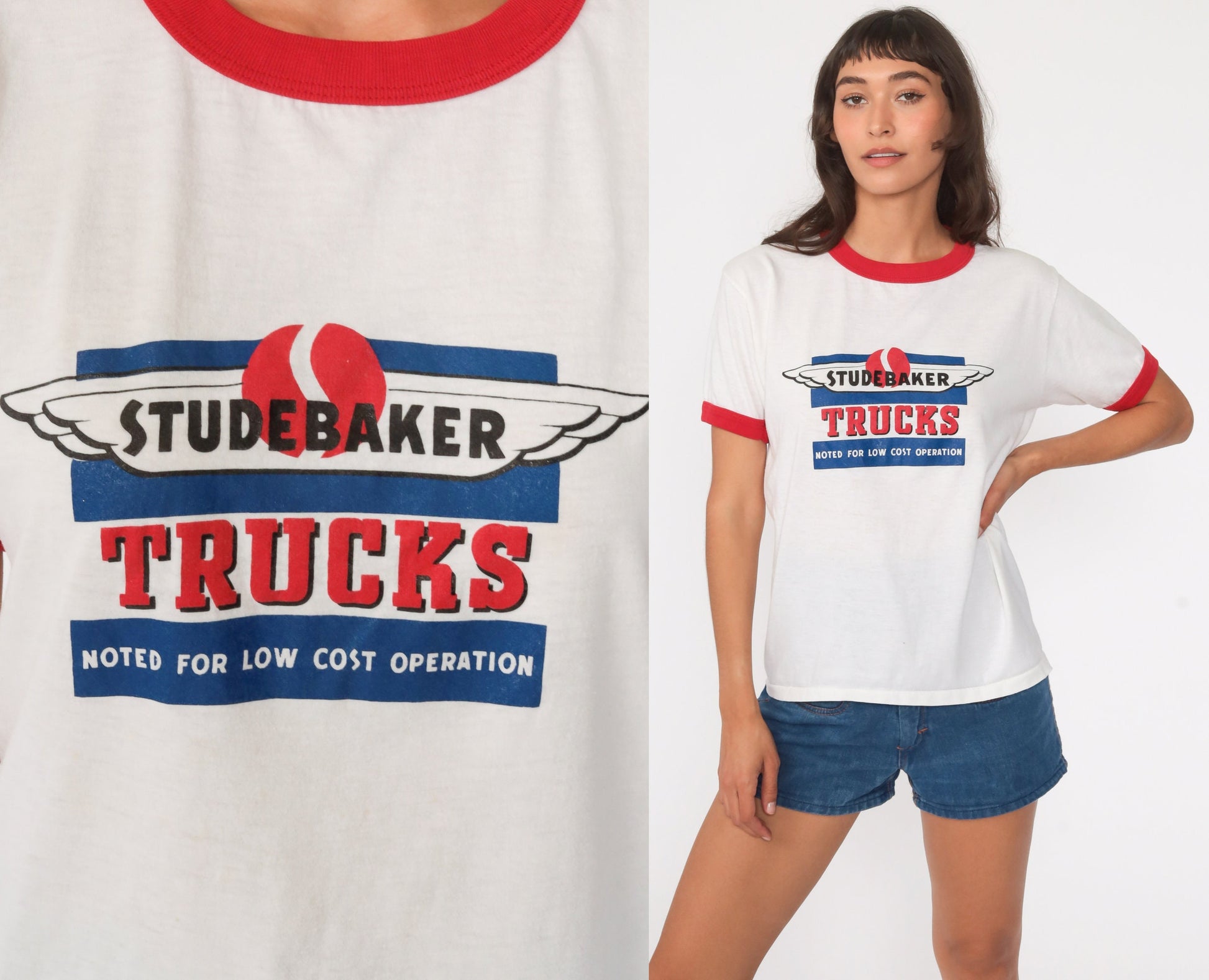 80s Studebaker Trucks Ringer Tee White Red Graphic Short Sleeve Medium