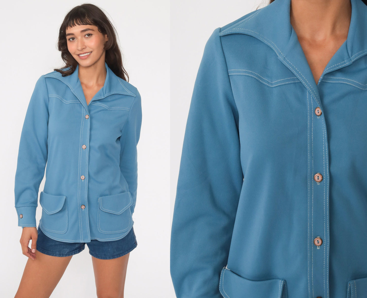70s Blue Dagger Collar Button-Up Shirt Long Sleeve Small Medium