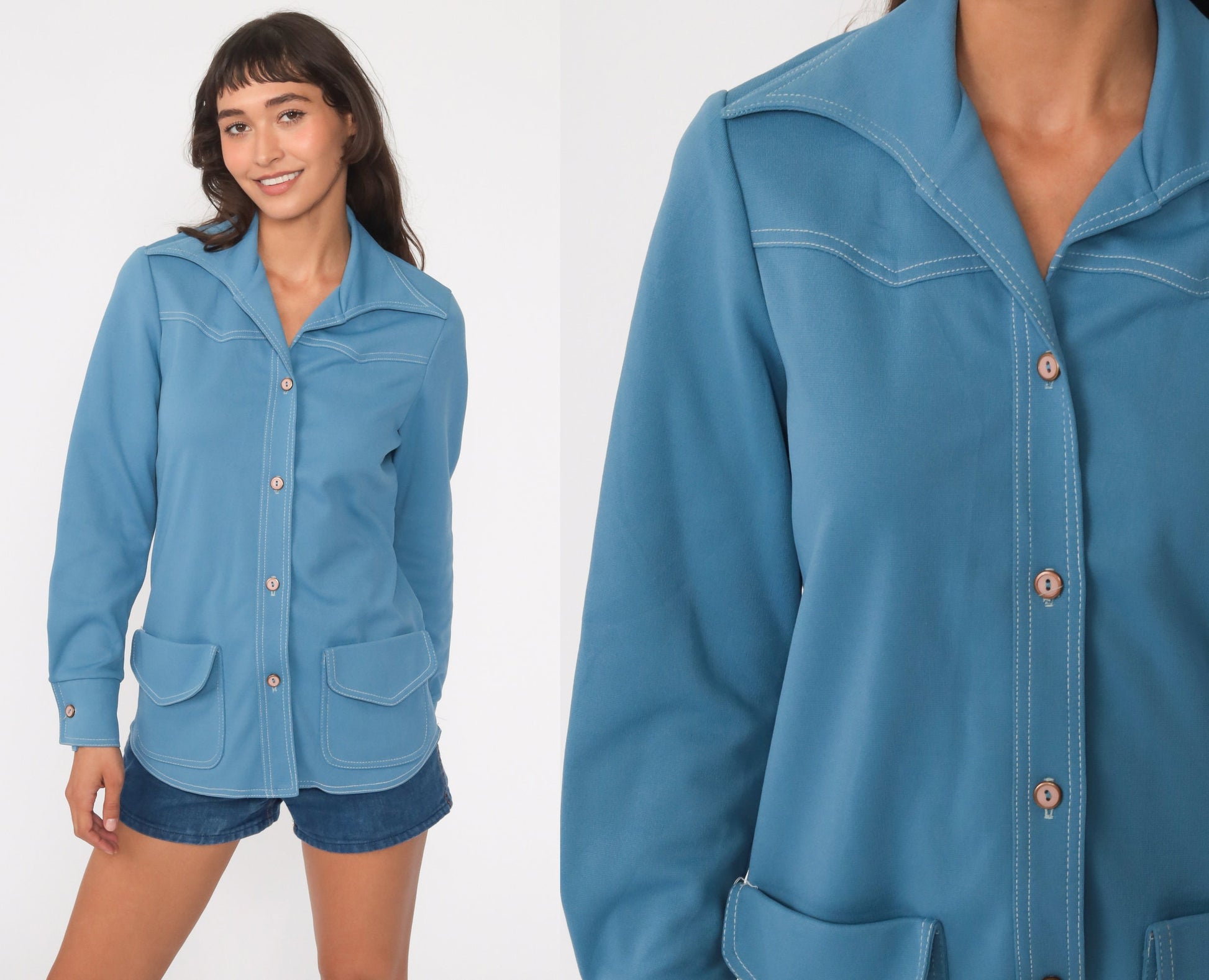 70s Blue Dagger Collar Button-Up Shirt Long Sleeve Small Medium