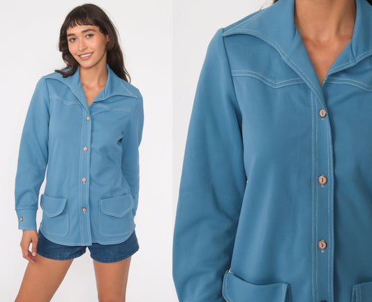 70s Blue Dagger Collar Button-Up Shirt Long Sleeve Small Medium