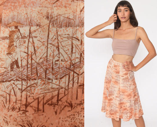 70s Asian Print Midi Skirt High Waist Orange Novelty Vintage Extra Small