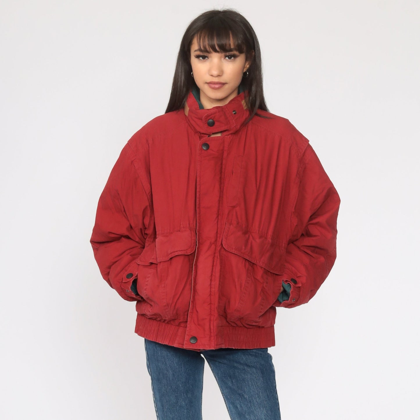 70s Red Down Puffer Ski Jacket Hooded Zip Coat Medium