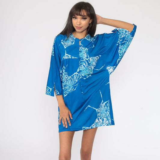 70s Liberty House Floral Shift Dress Blue Dolman Sleeve Mini Medium