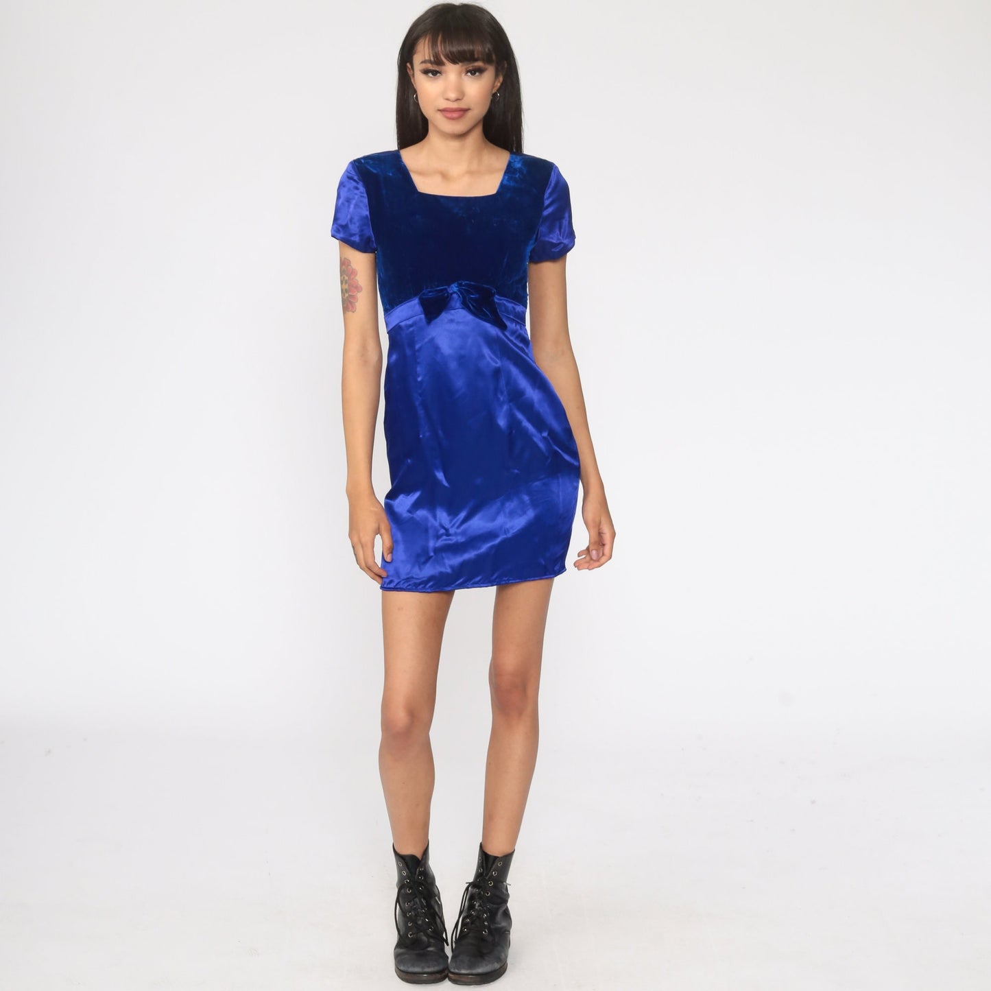 90s Blue Satin Velvet Mini Dress Empire Waist Bow Short Sleeve Extra Small