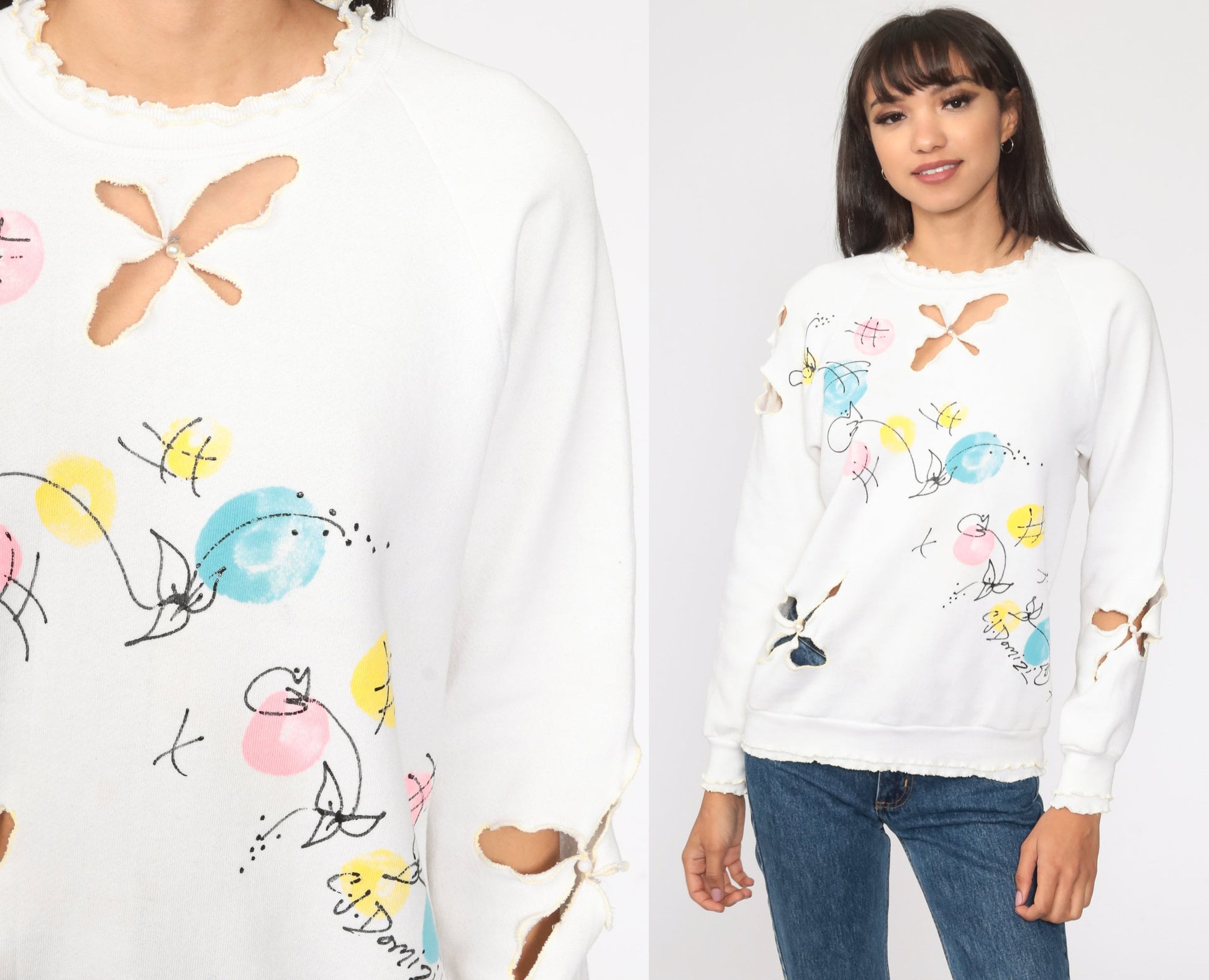 80s Floral Cutout White Raglan Sweatshirt Crewneck XS
