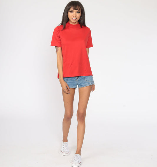 70s Red Mock Neck Ribbed Shirt Short Sleeve Vintage Blouse Medium Large