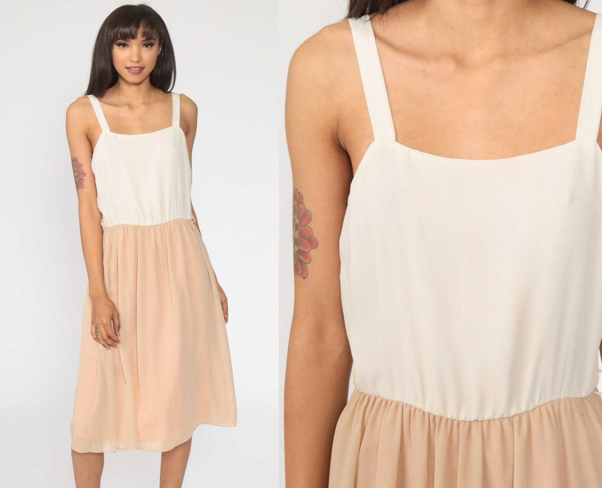 70s Off-White Tan Midi Sundress High Waist Sleeveless Tank Extra Small
