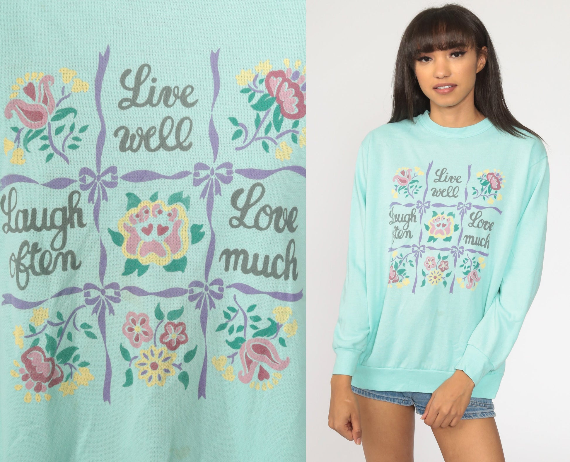 80s Live Laugh Love Slogan Sweatshirt Turquoise Graphic Crewneck Large