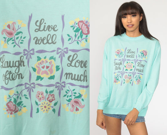 80s Live Laugh Love Slogan Sweatshirt Turquoise Graphic Crewneck Large