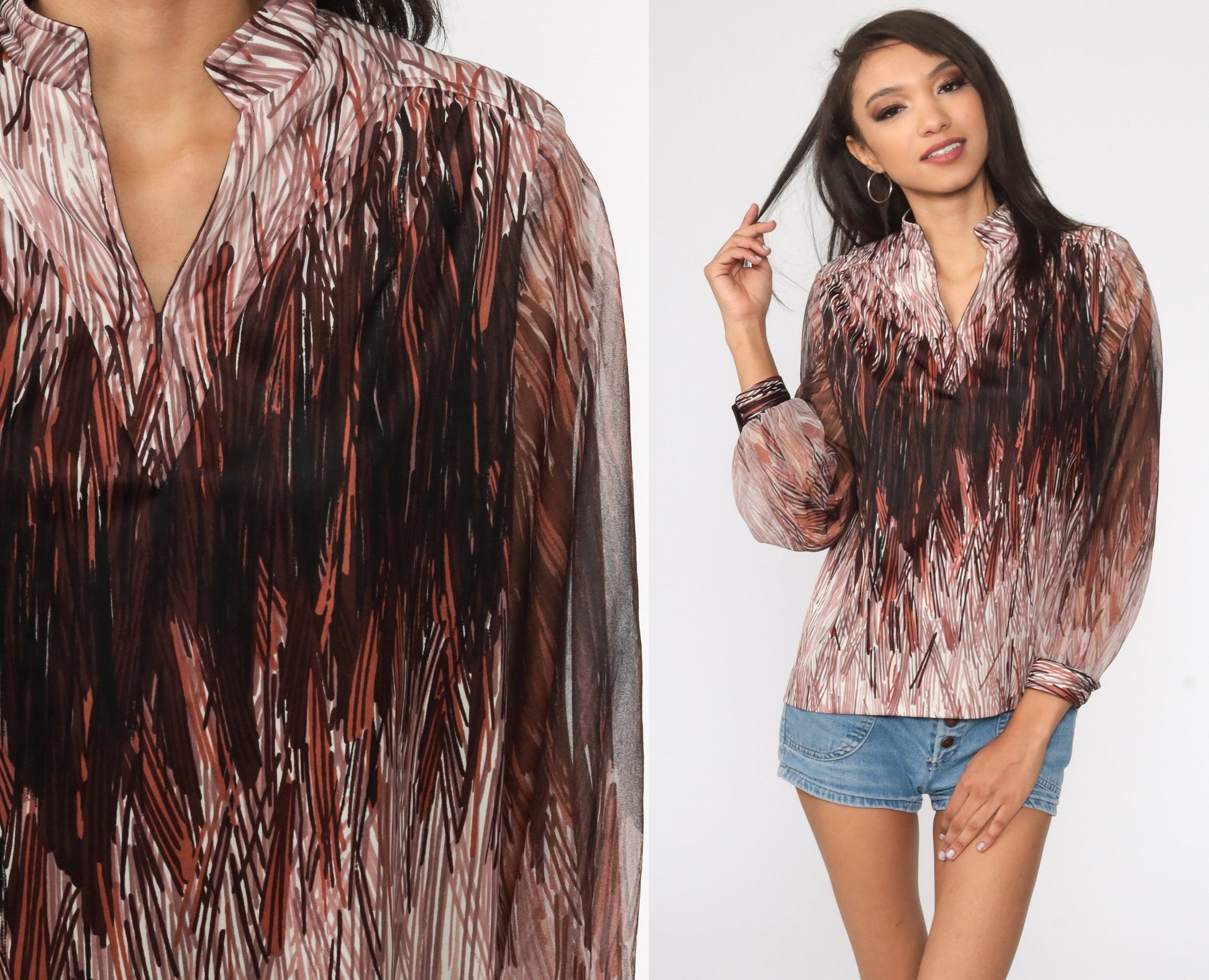 70s Brushstroke Blouse Brown Sheer Sleeve Vintage Top Medium