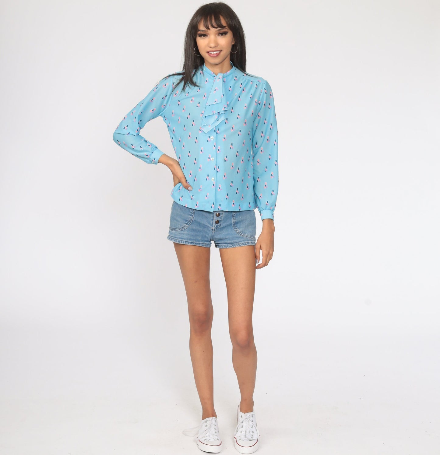 70s-80s Baby Blue Ascot Blouse Long Sleeve Button Up Secretary Shirt Medium