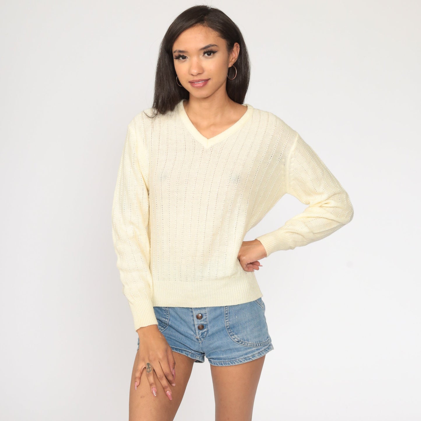 80s Cream V-Neck Knit Sweater Pointelle Slouchy Pullover Medium