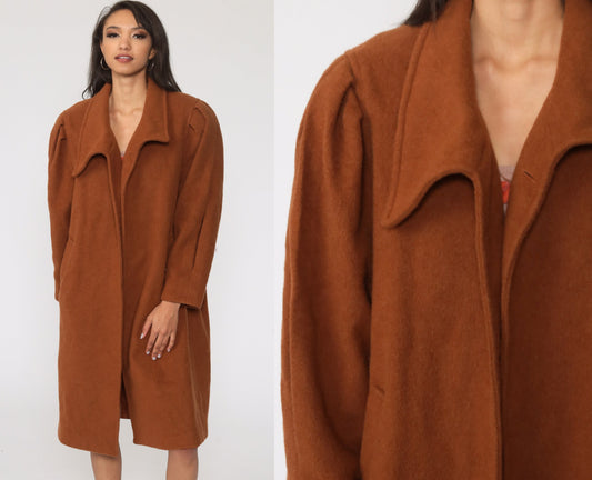 80s Brown Wool Coat Puff Sleeve Single Button Neck Extra Large