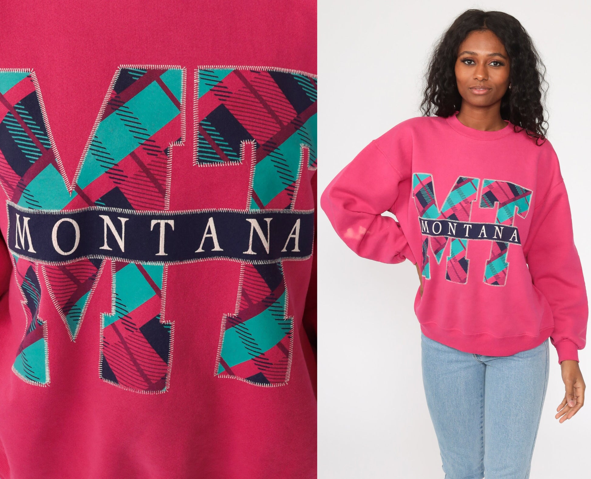 90s Jerzees Montana Graphic Sweatshirt Hot Pink Crewneck Distressed Large