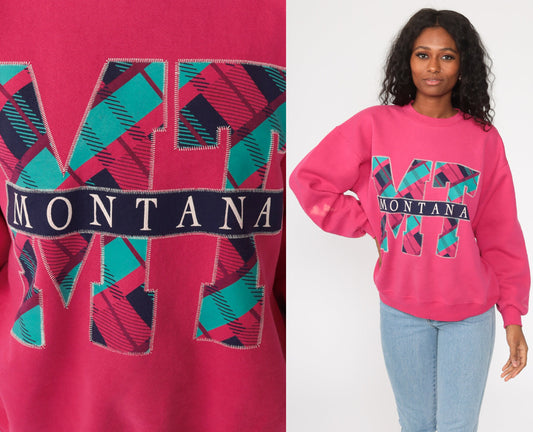 90s Jerzees Montana Graphic Sweatshirt Hot Pink Crewneck Distressed Large