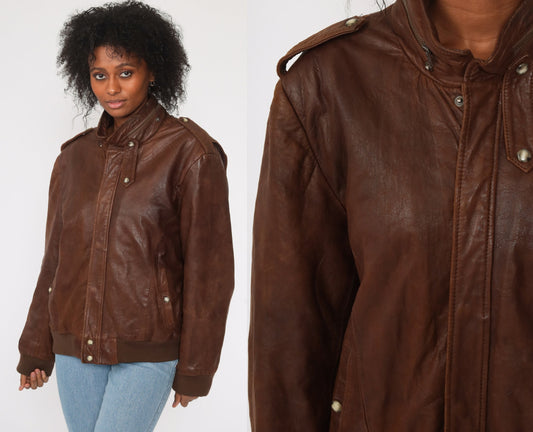 80s Brown Leather Bomber Jacket Moto Cafe Racer Men's Large 44