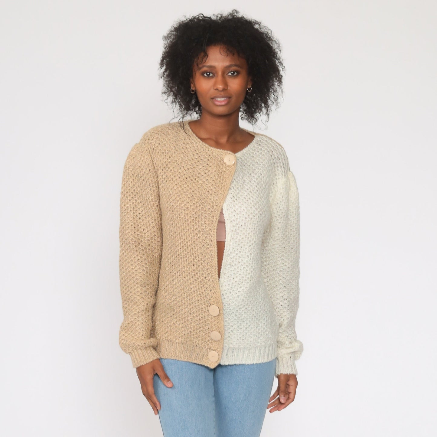 80s Color Block Cardigan Sweater Keyhole Puff Sleeve Knit Tan Medium