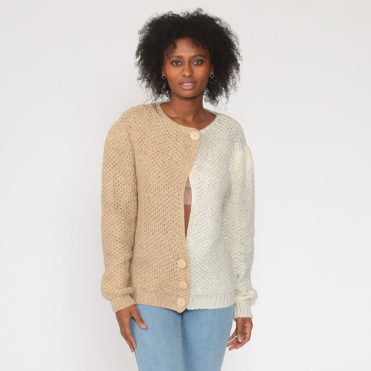 80s Color Block Cardigan Sweater Keyhole Puff Sleeve Knit Tan Medium