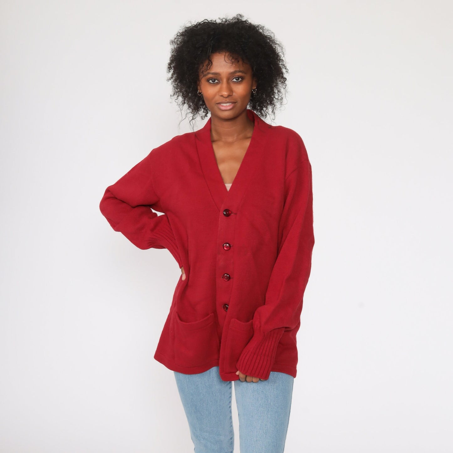 Champion Burgundy Cardigan 1960s Knit Button-Up Unisex Large