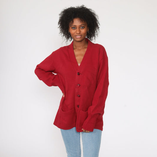 Champion Burgundy Cardigan 1960s Knit Button-Up Unisex Large