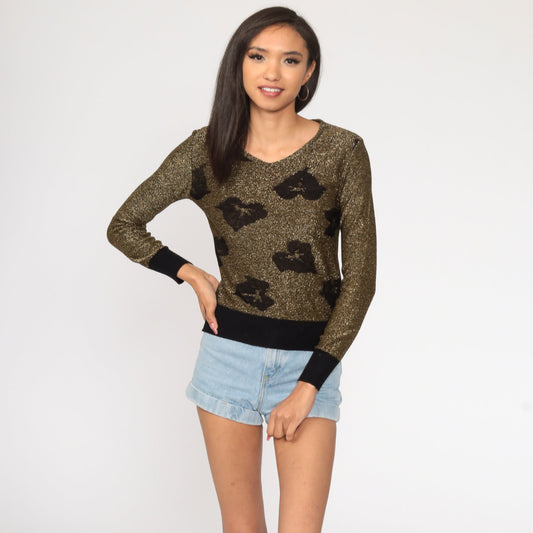 80s Metallic Leaf Sweater Black Gold Glitter Knit Pullover Extra Small XXS