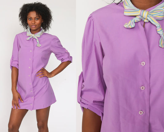 70s Purple Ascot Shift Mini Dress Long Sleeve Button Up Small Medium