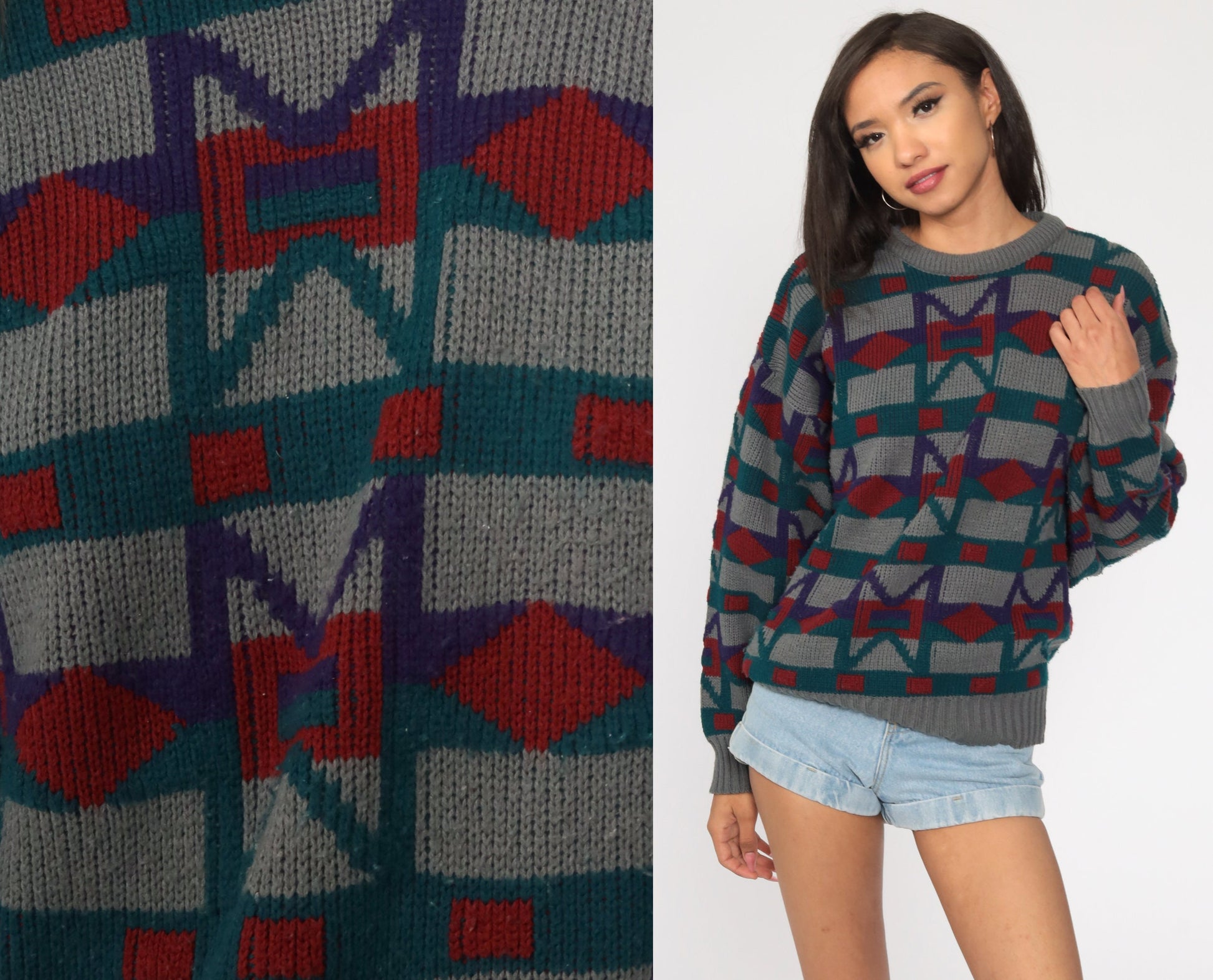 80s Geometric Print Knit Sweater Grey Pullover Large