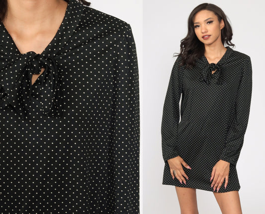 70s Black Polka Dot Ascot Bow Mini Dress Long Sleeve Extra Large XL
