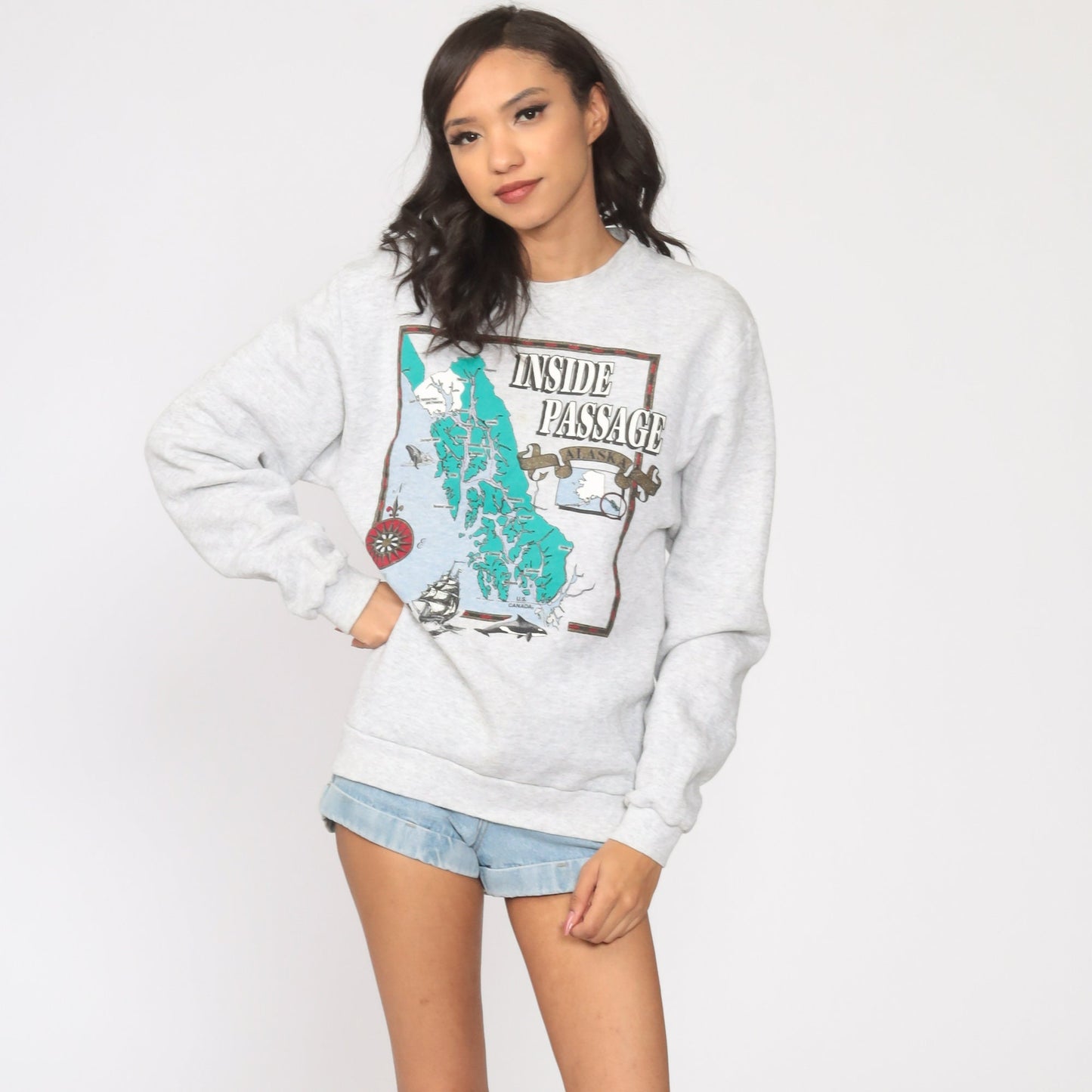 90s Alaska Inside Passage Whale Sweatshirt Grey Crewneck Extra Small