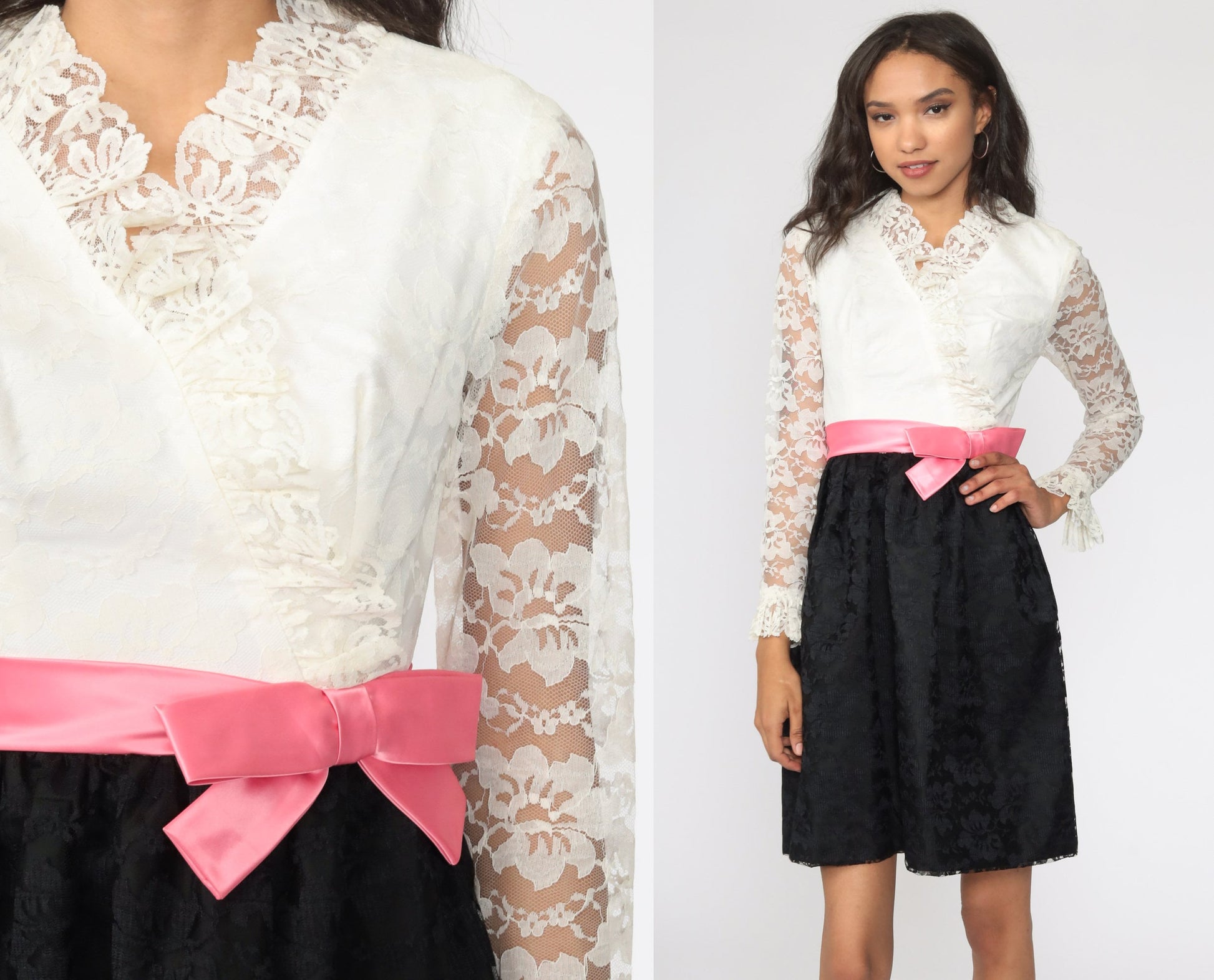 60s Black White Lace Mini Dress Pink Bow Long Sleeve Extra Small