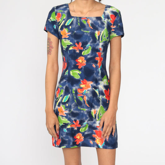 90s Jessica Howard Floral Mini Dress Blue Watercolor Sheath Short Sleeve Small