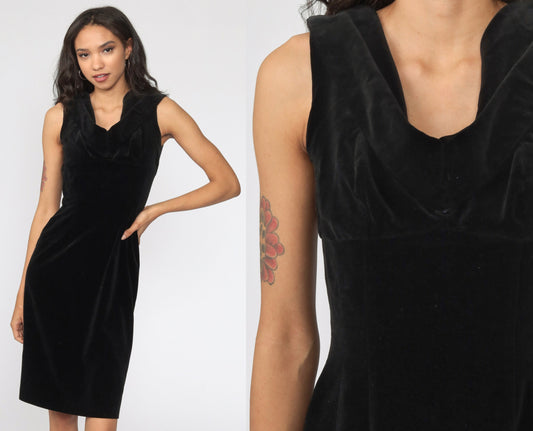 1960s Black Velvet Midi Sheath Dress Lou-ette Fitted Cocktail Small