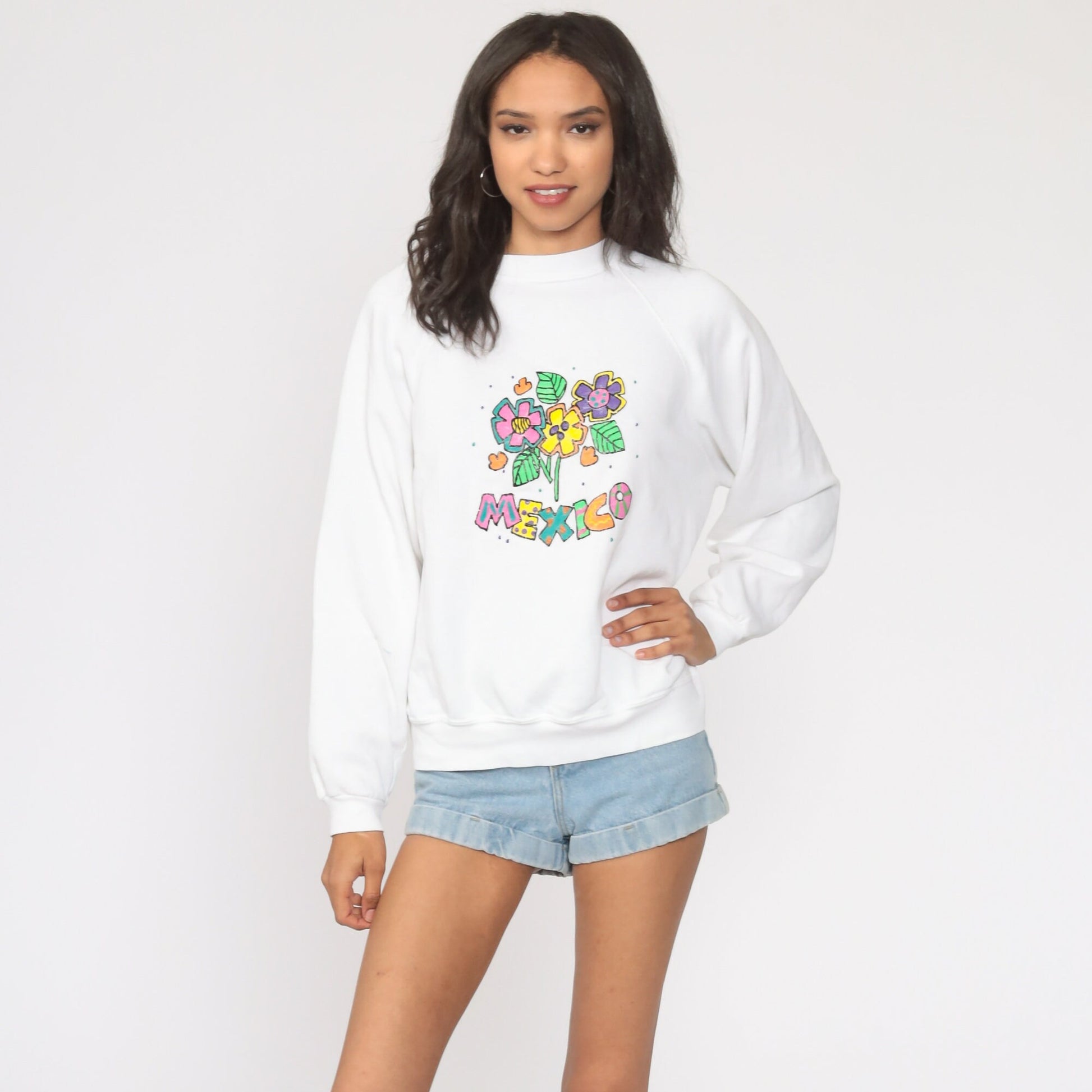 80s Mexico Hand Painted Raglan Sweatshirt White Neon Graphic Cotton Medium