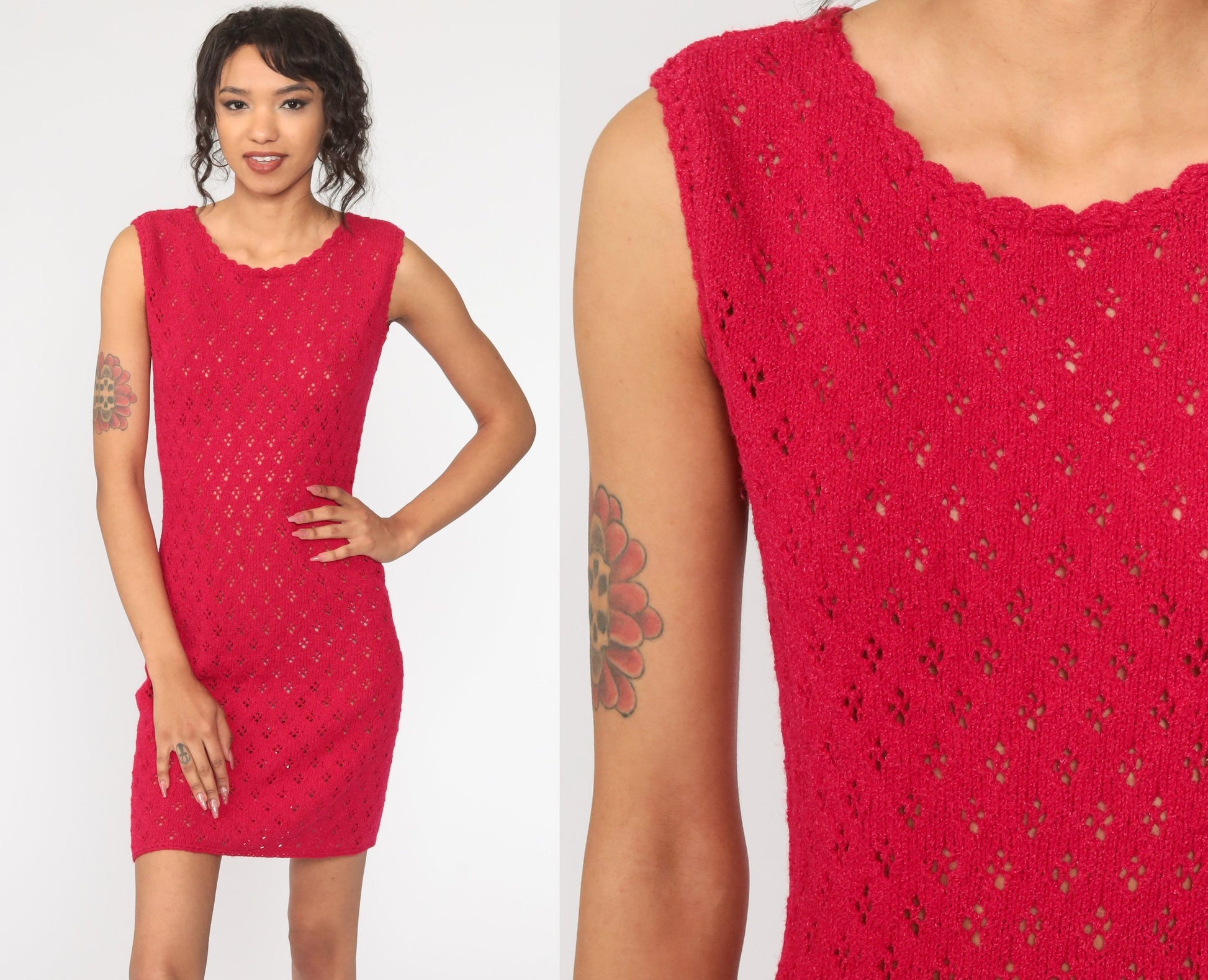 70s Sheer Pink Crochet Knit Mini Dress Sleeveless Shift Small Medium