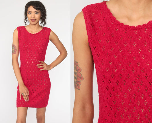70s Sheer Pink Crochet Knit Mini Dress Sleeveless Shift Small Medium