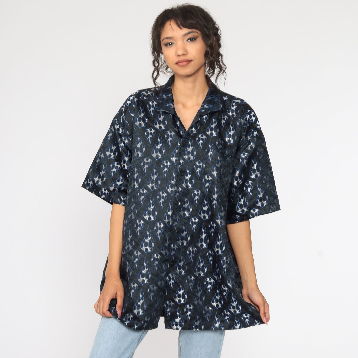 Y2K Flames Button-Up Shirt Blue Short Sleeve 00s Raver Top Extra Large XL