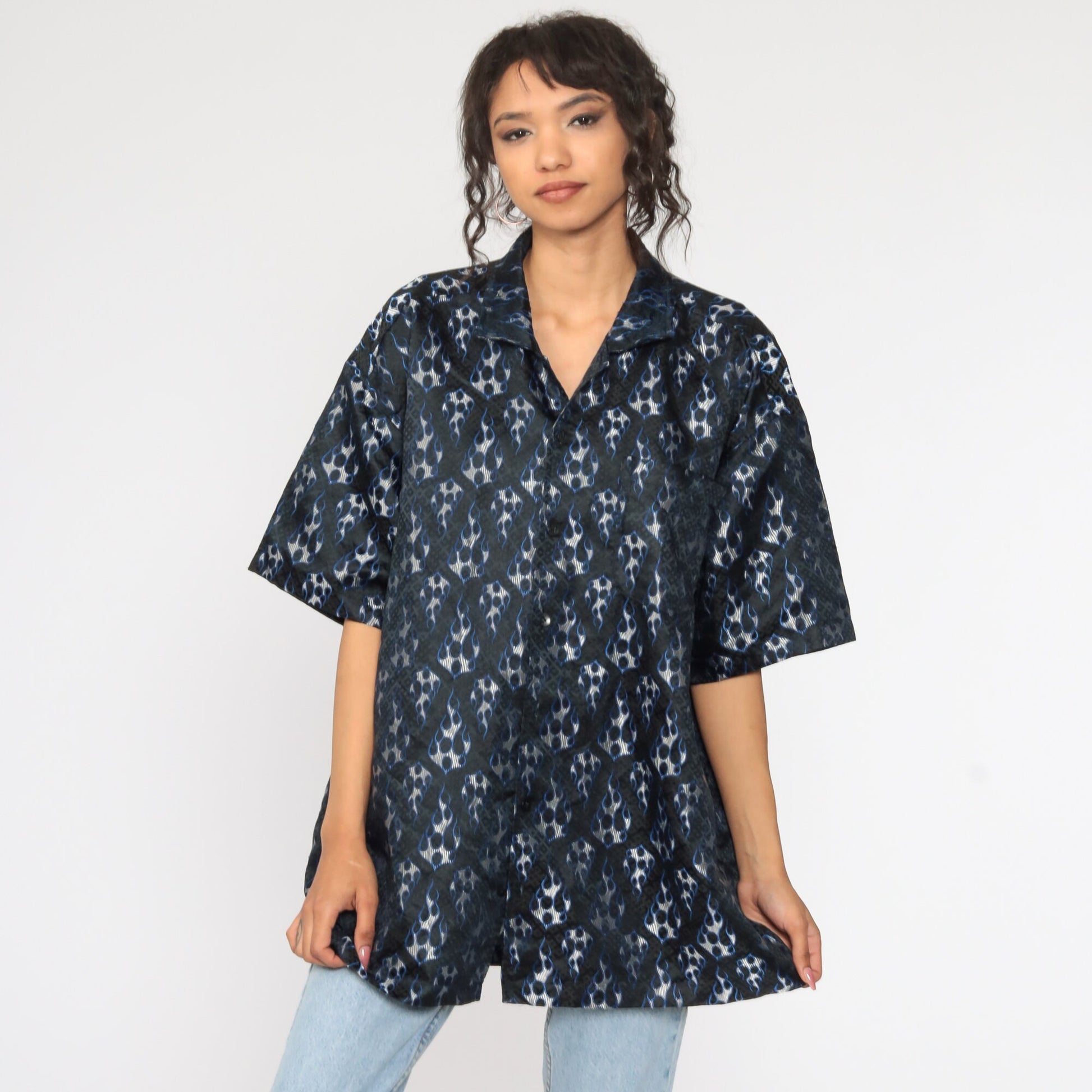 Y2K Flames Button-Up Shirt Blue Short Sleeve 00s Raver Top Extra Large XL