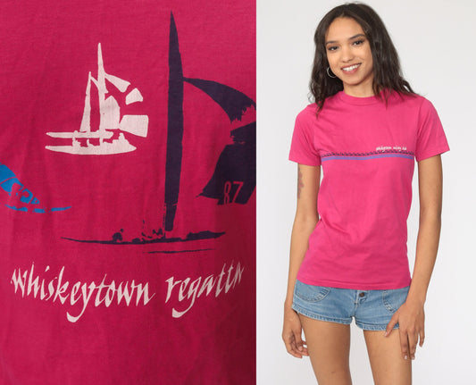 80s Whiskeytown Sailing Club Graphic Tee Hot Pink Sailboat Extra Small
