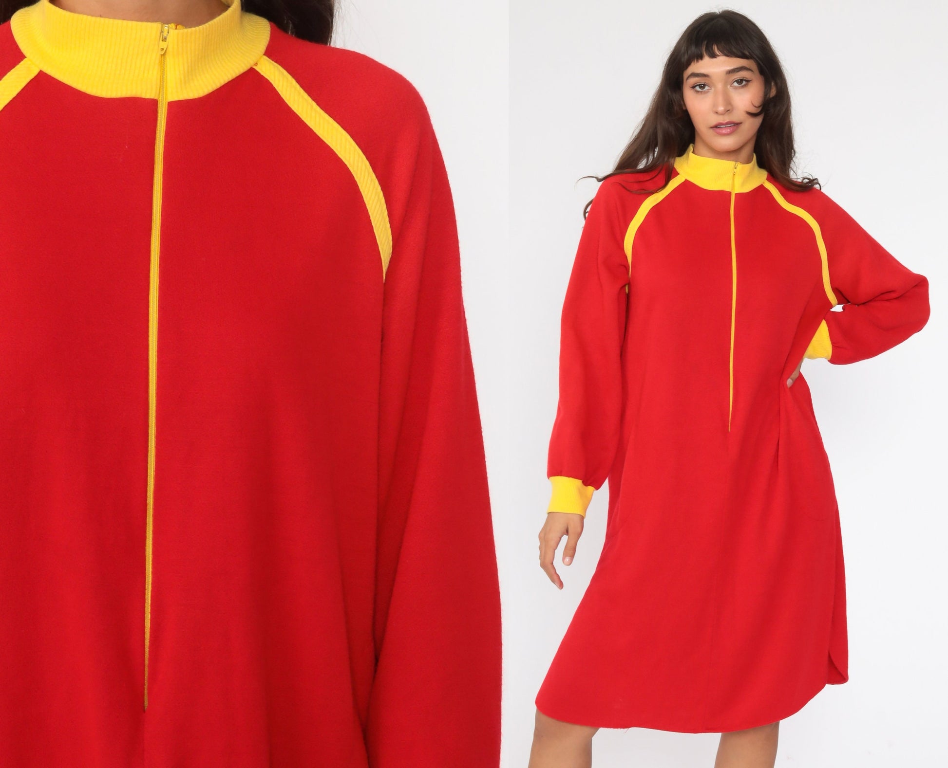 80s Red Pajama Dress Nightgown Yellow Trim Zip Front Mini