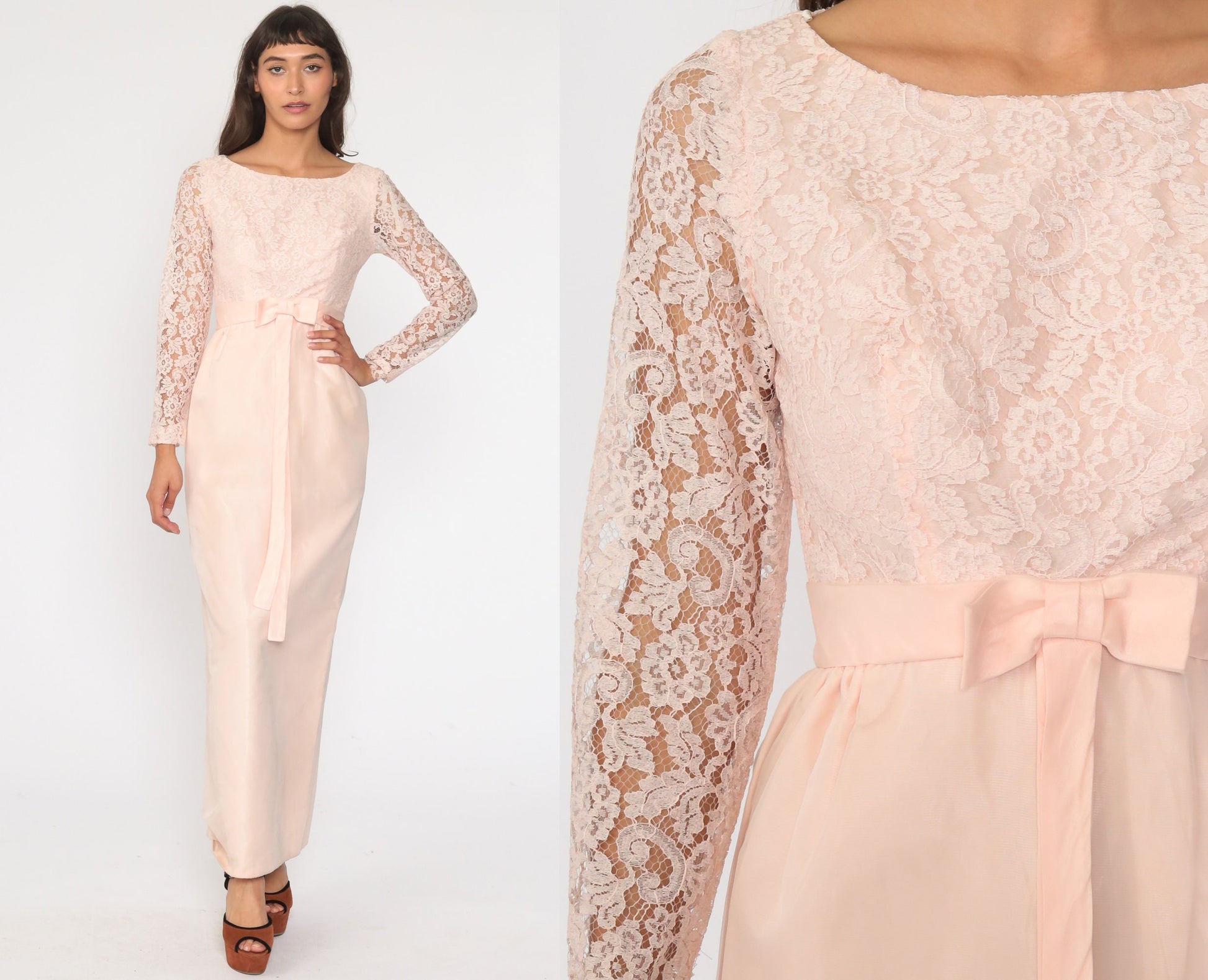 1950s Baby Pink Lace Cocktail Dress Bow Waist Pencil Skirt Extra Small