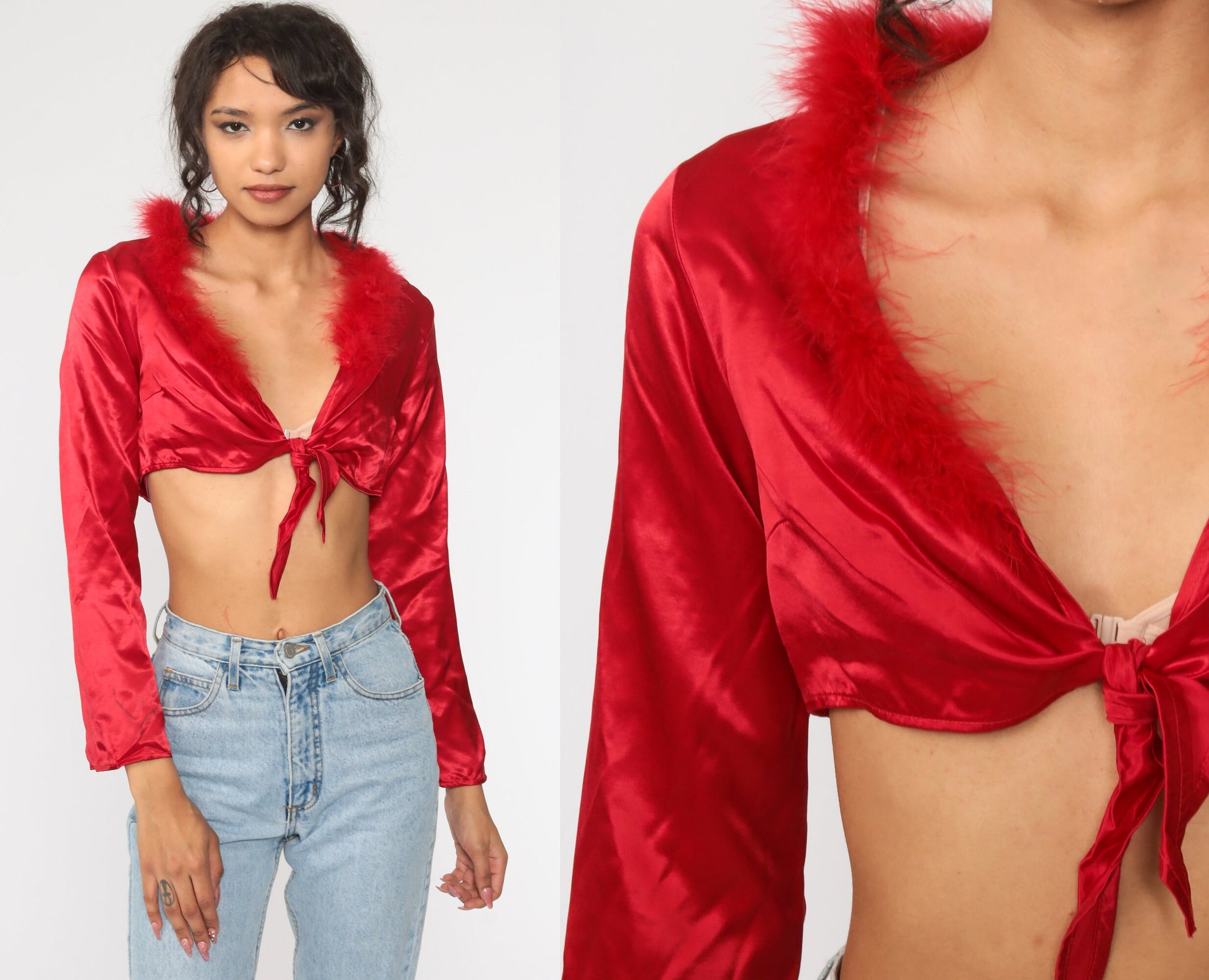 Y2K Red Satin Crop Top Feather Trim Long Sleeve Tie Waist Small