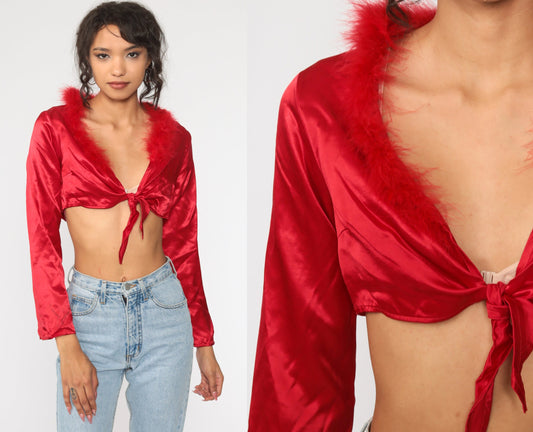 Y2K Red Satin Crop Top Feather Trim Long Sleeve Tie Waist Small