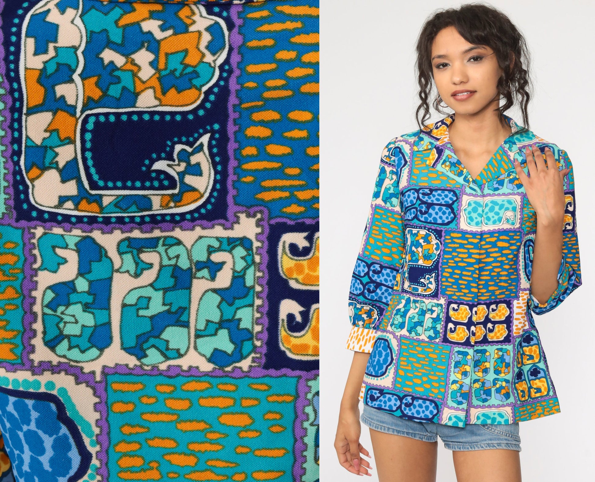70s Psychedelic Acid Print Button-Up Shirt Blue 3/4 Sleeve Small