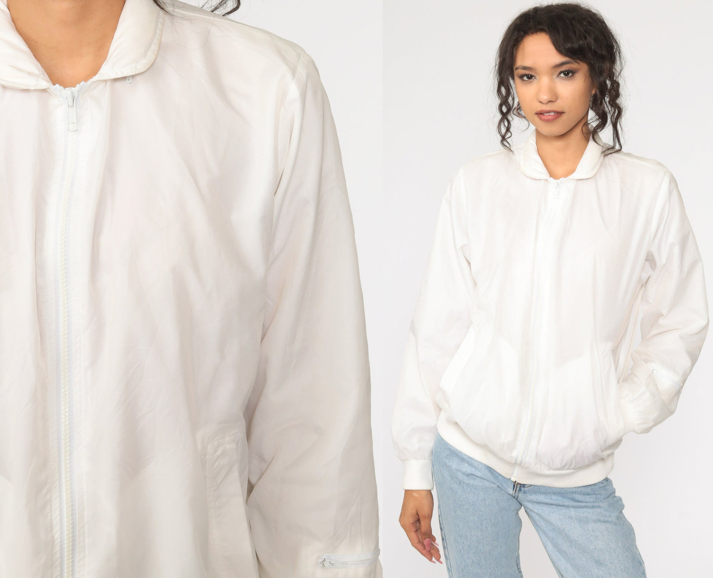 80s White Nylon Windbreaker Jacket Bomber Cut Small