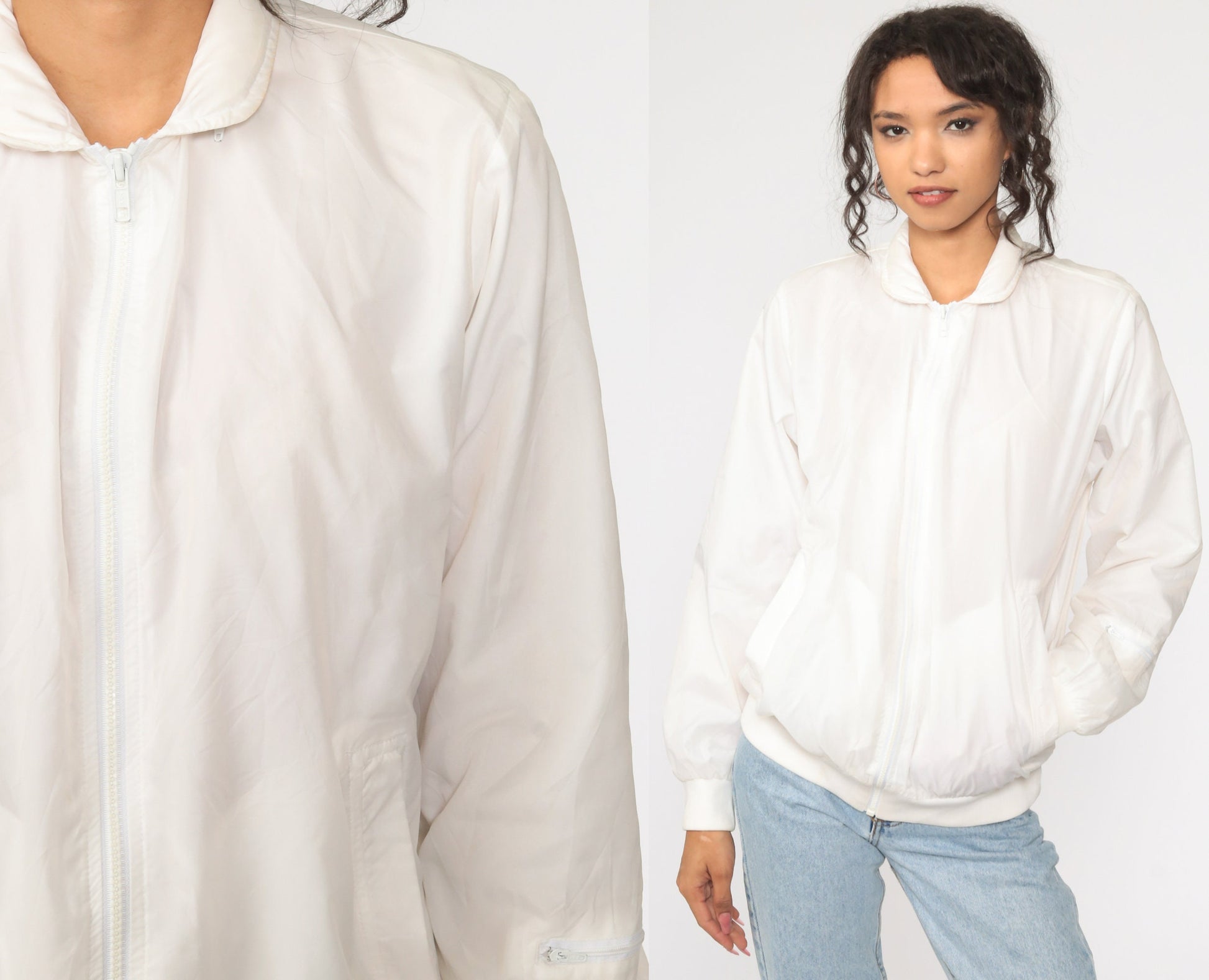 80s White Nylon Windbreaker Jacket Bomber Cut Small
