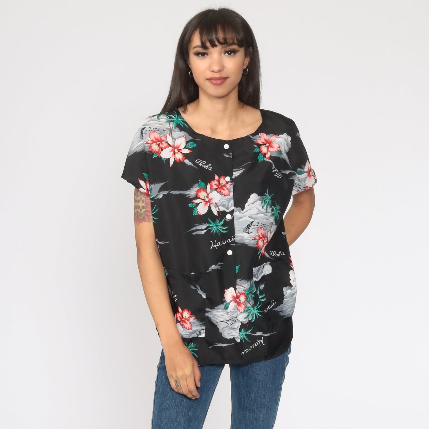 80s Tropical Floral Hawaiian Button-Up Blouse Black Hibiscus Print Medium Large