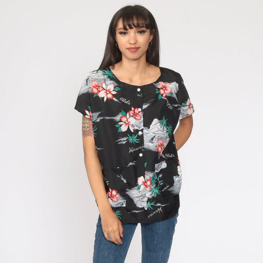 80s Tropical Floral Hawaiian Button-Up Blouse Black Hibiscus Print Medium Large