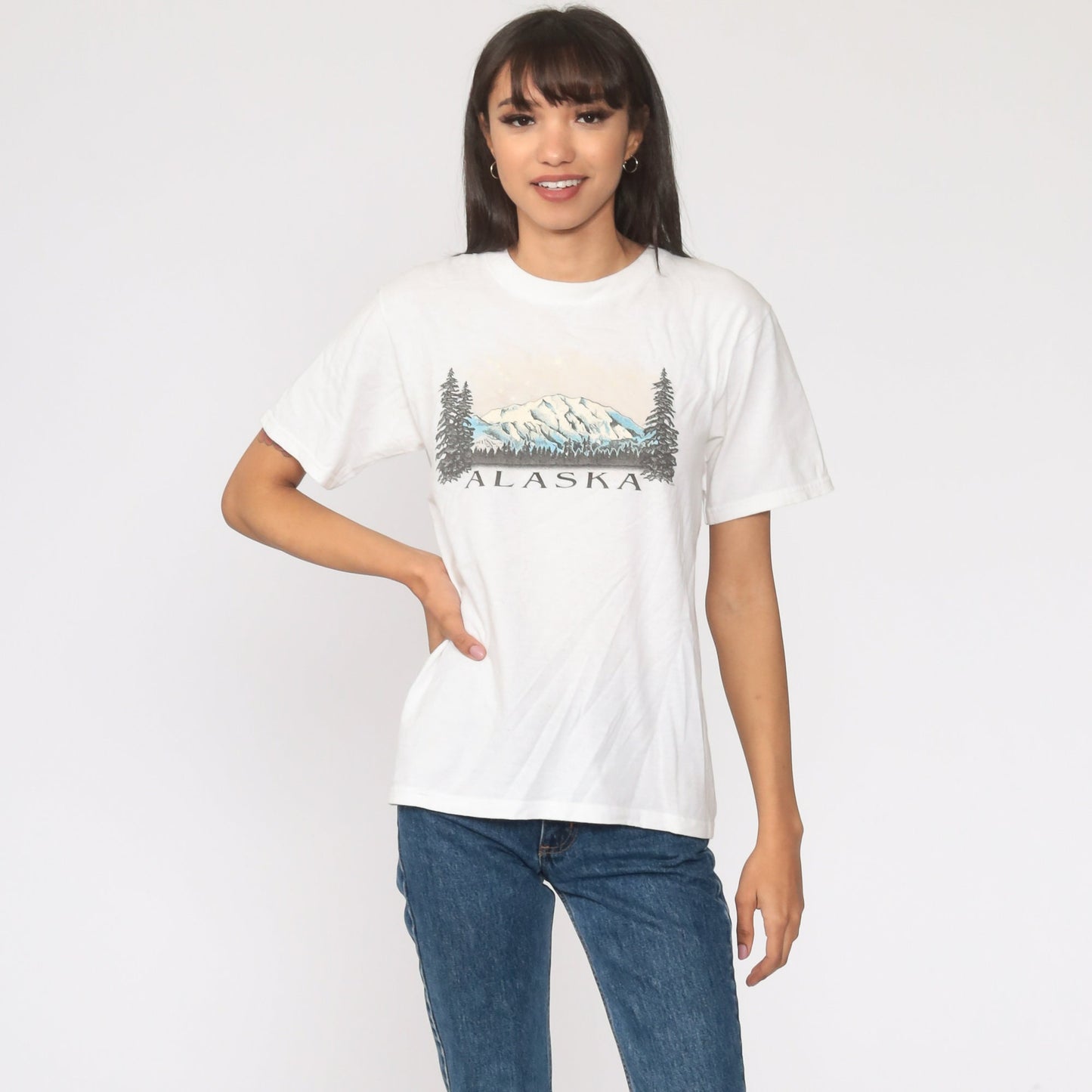 90s Alaska Mountain Graphic T-Shirt White Cotton Tee Extra Small